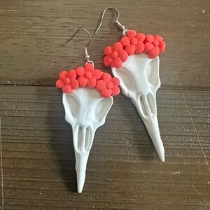 Artisan Handmade Clay White Skull Earrings with Red Flowers